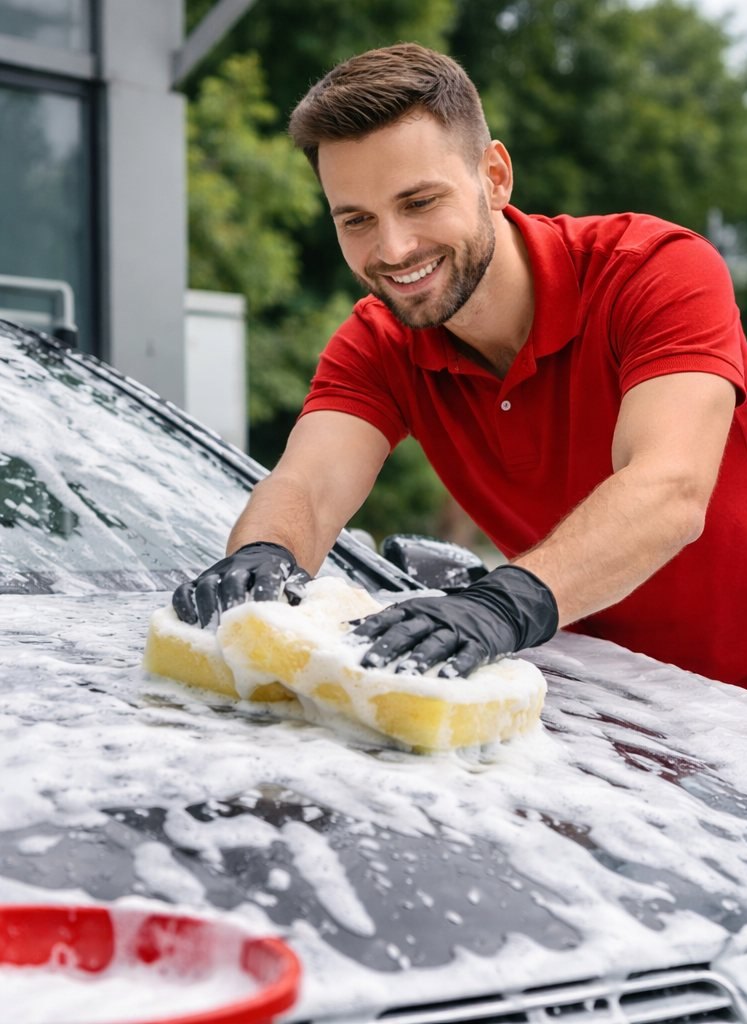 Handwäsche der Motorhaube mit Schwamm und Schaum